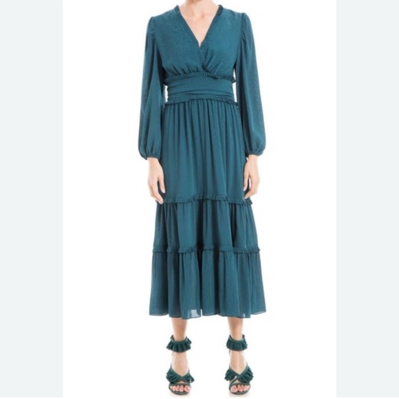 Max Studio Dresses & Skirts - NWT Max Studios Jacquard Satin Tiered Maxi Dress Teal Boho Full Sleeve Size XL
